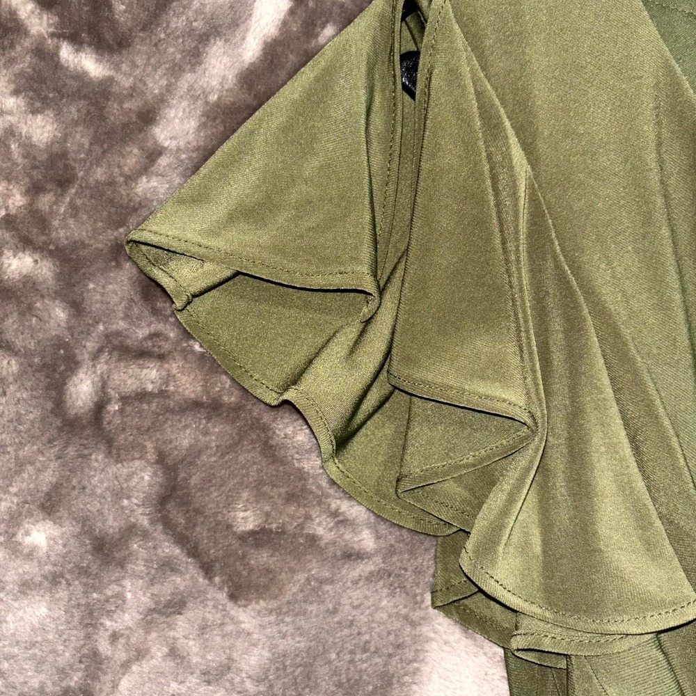 Mac Duggal Olive Green Ruched Midi Dress Surplice Flutter‎ Sleeve Sexy NWT 2 - Picture 5 of 15